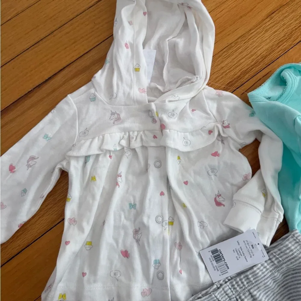 Carter's White Hooded Cardigan, Teal Bodysuit & Gray Stripe Pants Set size 9m